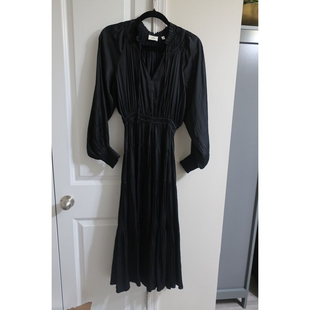 Aritzia Wilfred Dinette XS Satin Pleated Gather Aline Dress NWOT Black